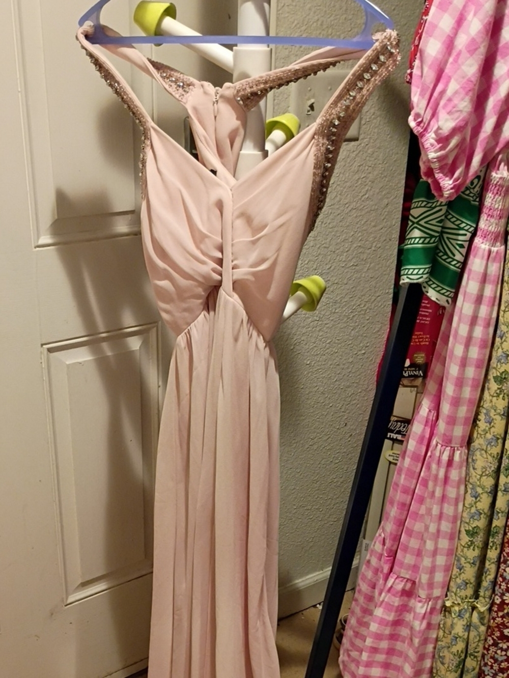 Blush Pink Backless Evening Gown with Embellished Straps